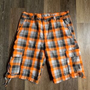 Access Cargo Shorts Mens 40 Orange Plaid Utility Gorpcore Drawstring Hem 2741